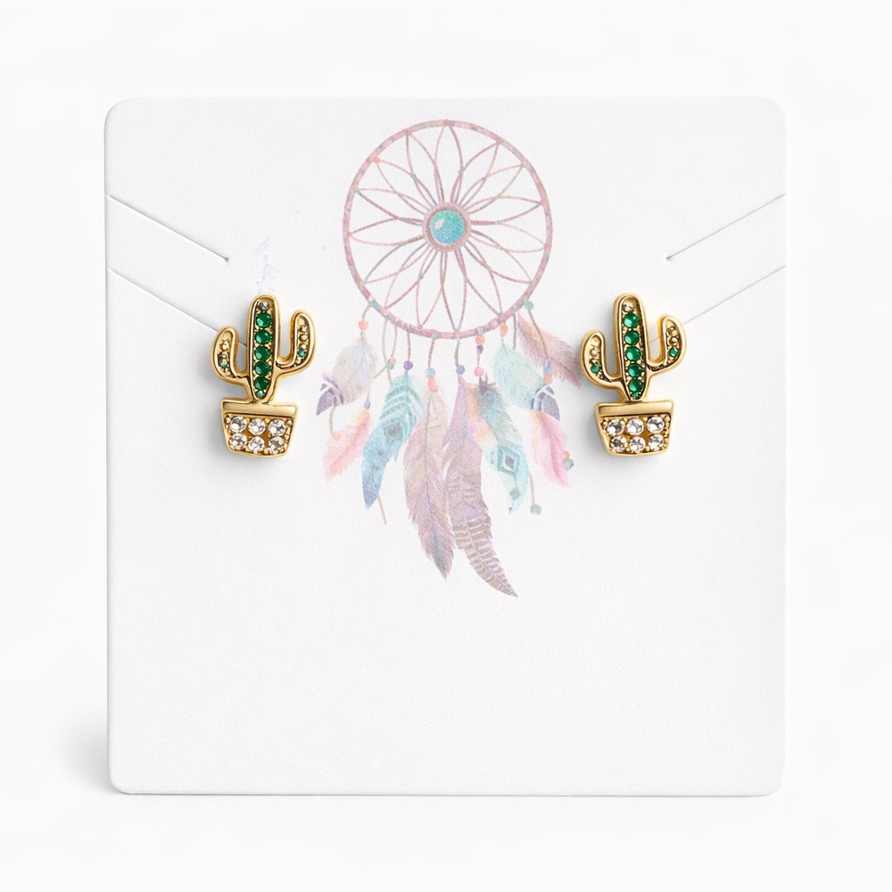 Cactus Earrings Gold Tone Potted Plant Stud Earrings Green Rhinestone Jewelry